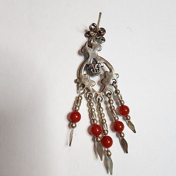 CAROLYN POLLACK Q.T. Sterling Silver Red Coral Ornate Dangle Earrings Pierced - Picture 6 of 7